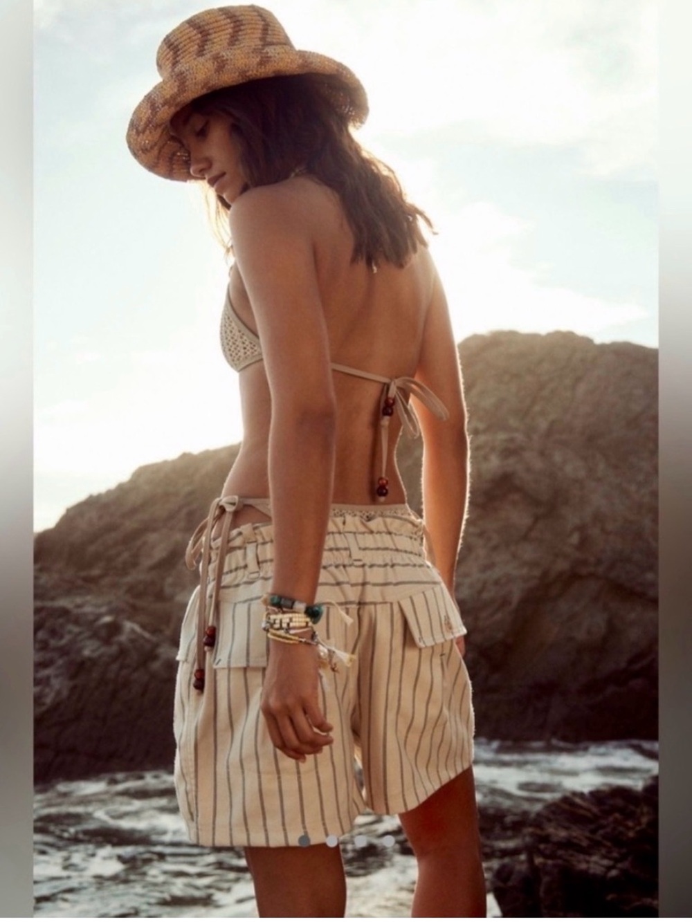 Free People Harriet O Balloon Style Beige Shorts with Black Pinstripes - Picture 4 of 9
